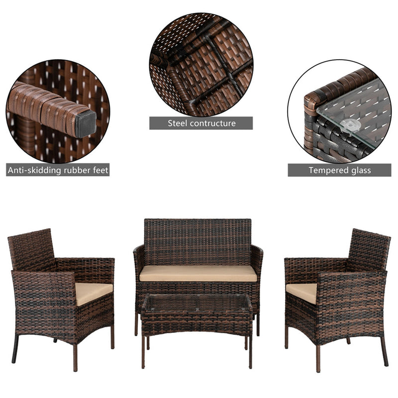 AMYOVE 4PCS Rattan Table Chairs Set Includes Arm Chairs Coffee Table Brown