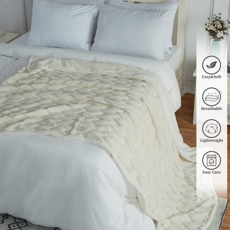 WHIZMAX Sherpa Fleece Soft Plush Jacquard Fluffy Throw Blanket Creamy White 50" x 60"