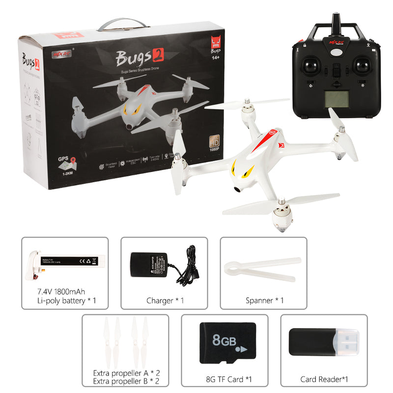 RCTOWN MJX B2C 1080P Camera RC Drone Brushless Motor Quadcopter White US Plug