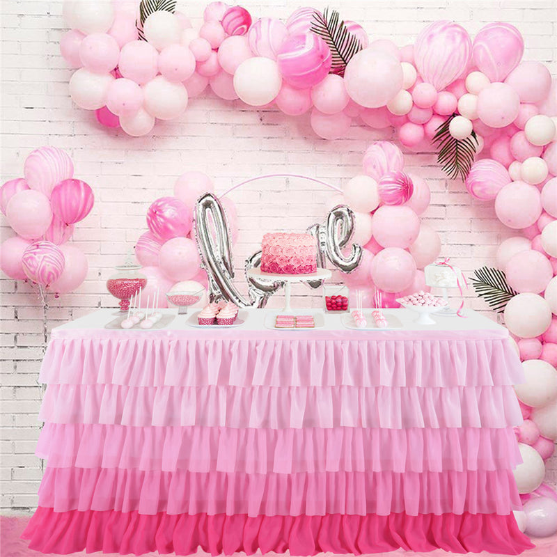 RONSHIN 5 Layers 6FT Gradient Pink Chiffon Wave Table Skirt for Wedding Party Supplies
