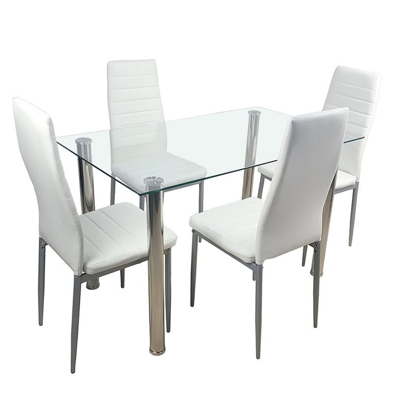 AMYOVE 110cm Dining Table Set Tempered Glass Dining Table with 4 Chairs Silver