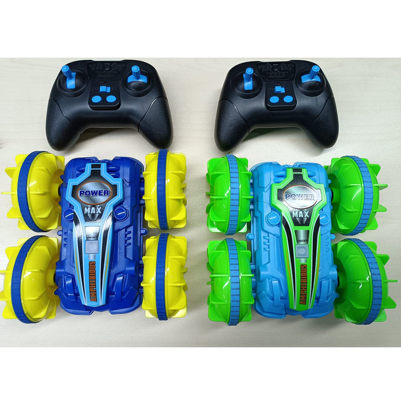 2 Pack Amphibious Remote Control Cars for Boys 5-12, 4WD 2.4GHz Waterproof RC Stunt Car for Kids, Rotating 360?? Off Road All Terrain RC Vehicle, Water Beach Pool Toy, Blue+Green