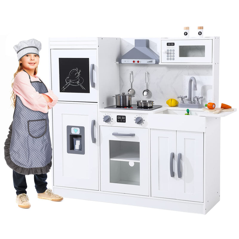 Kids Kitchen Playset, Wooden Chef Pretend Play Set with 20 PCS Cookware Accessories, Wooden Cookware Pretend with Ice Maker, Microwave, Oven, Range Hood, Sink, Real Lights & Sounds¡ê?Gray