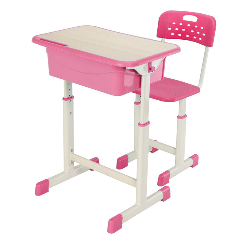 AMYOVE Student Table Chair Set Adjustable White Paint Wood Grain Surface Plastic Pink