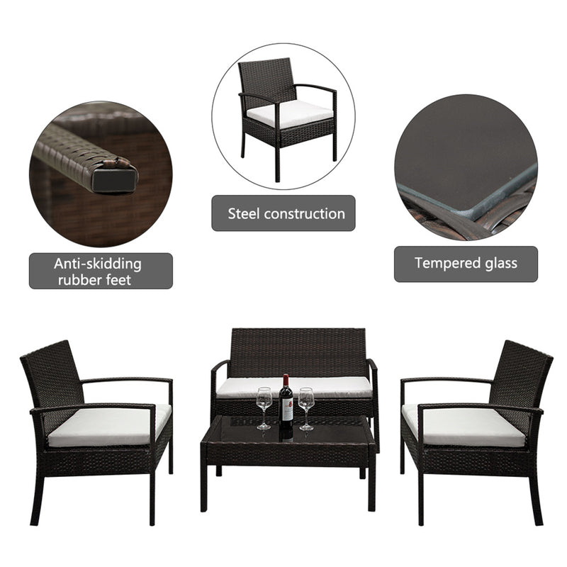 AMYOVE 4pcs Embossing Armrest Chairs Love Double Seat Single Sofa Coffee Table Rattan Sofa Set