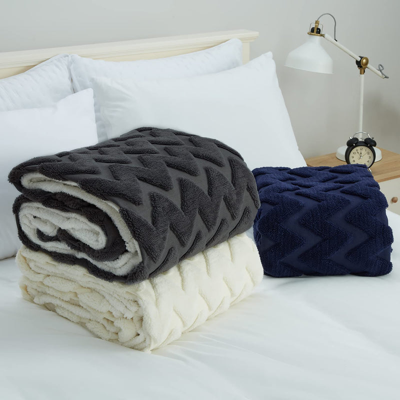 CAROMIO Sherpa Fleece Soft Plush Jacquard Fluffy Throw Blanket Navy Blue 60" x 80"
