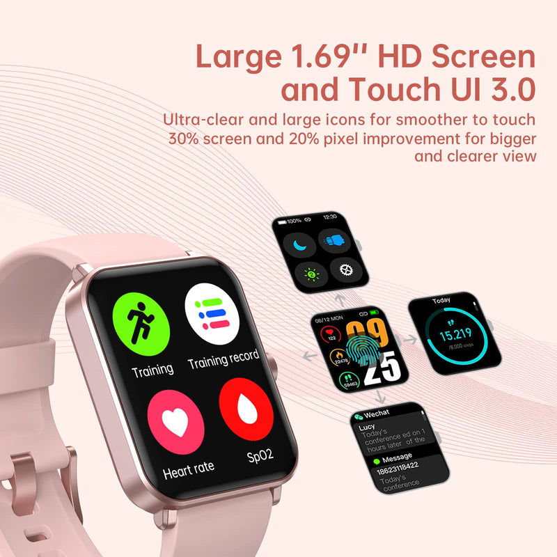 EUKER Smart Watch 1.69" Full Touch Screen Fitness Tracker Pink