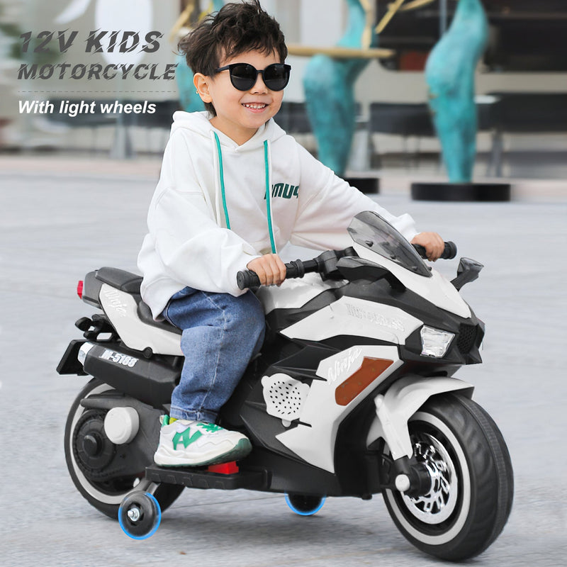 YIWA Electric Motorcycle Toys 12V Battery 2-Wheel Motorbike Kids Rechargeable Ride - White