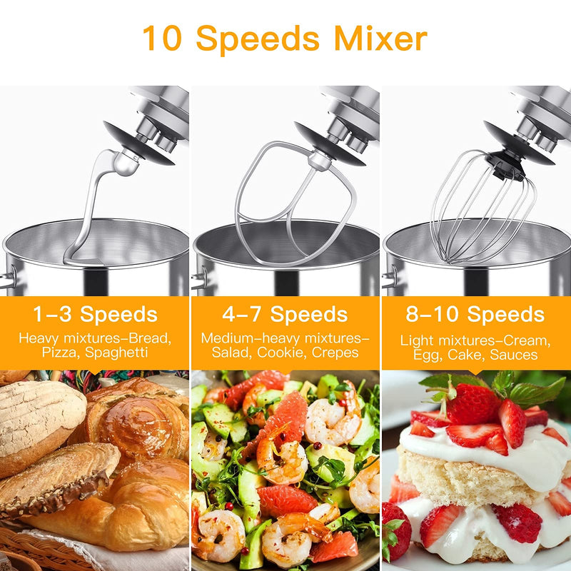 WHIZMAX Mixer MC1 660W 7.5 Quart 10 Speeds Tilt-Head Stand Mixer Silver US Plug