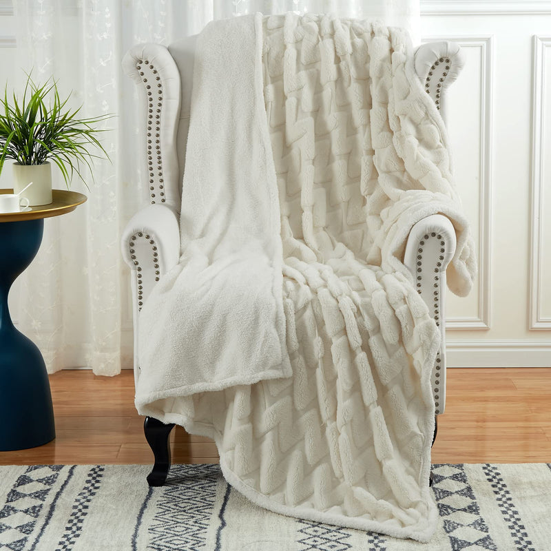 WHIZMAX Sherpa Fleece Soft Plush Jacquard Fluffy Throw Blanket Creamy White 50" x 60"