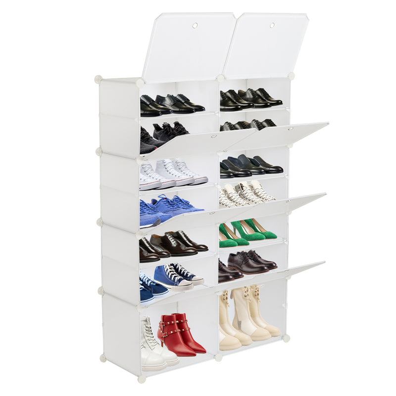 RONSHIN 2 Rows 7-tier 14 Grids Shoe Rack Organizer 40x30cm Cube Shoe Cabinet 72x32x122cm White