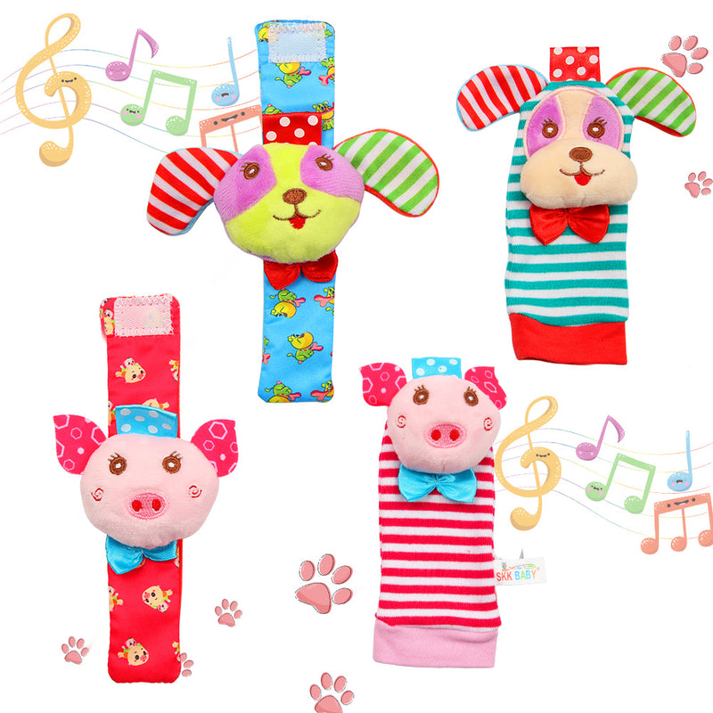 ACEKID Baby Rattle Set 4Pcs Wrist Rattle and Socks Toys Set Pig and Puppy