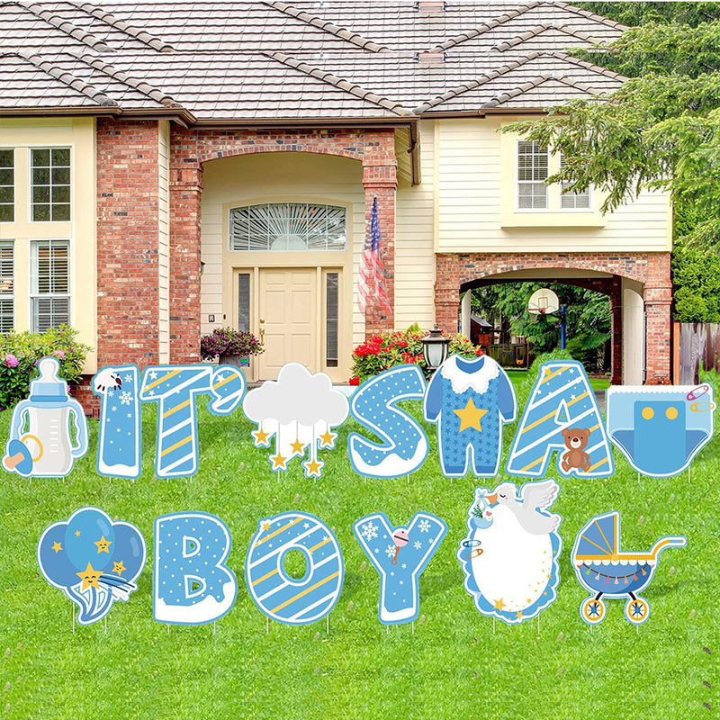 YIWA 14PCS Its a Boy Baby Shower Yard Sign with Stakes Waterproof Gender Reveal Yard Sign