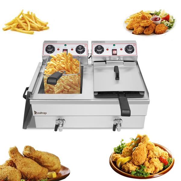 ZOKOP Double Tank Deep Fryer EH102V 16.9QT / 16L Stainless Steel Fauce