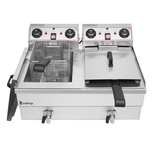 ZOKOP Double Tank Deep Fryer EH102V 16.9QT / 16L Stainless Steel Fauce