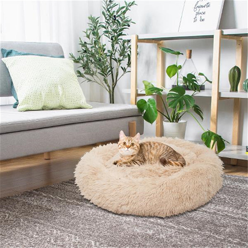 BEESCLOVER Round Plush Pet Bed Fluffy Soft Warm Calming Bed Dog Cat Sleeping Nest Khaki