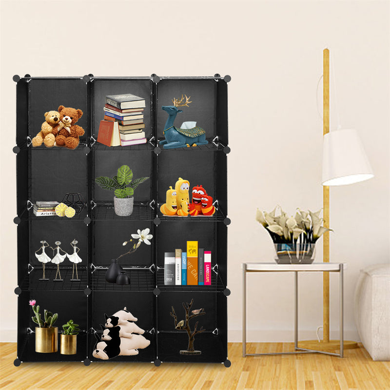 AMYOVE 12-cube Storage Shelf DIY Stackable Bookshelf Cabinet Storage Organizer Black