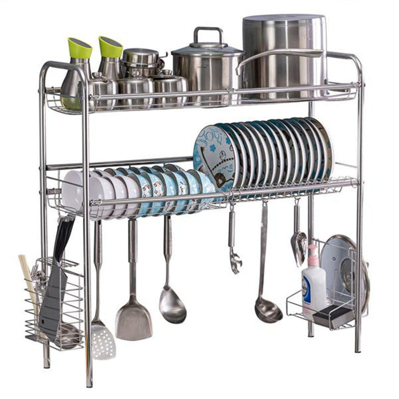 RONSHIN Double Layer Bowl Rack Shelf Dish Drainer 90cm Inner Length Kitchen Organizer Silver