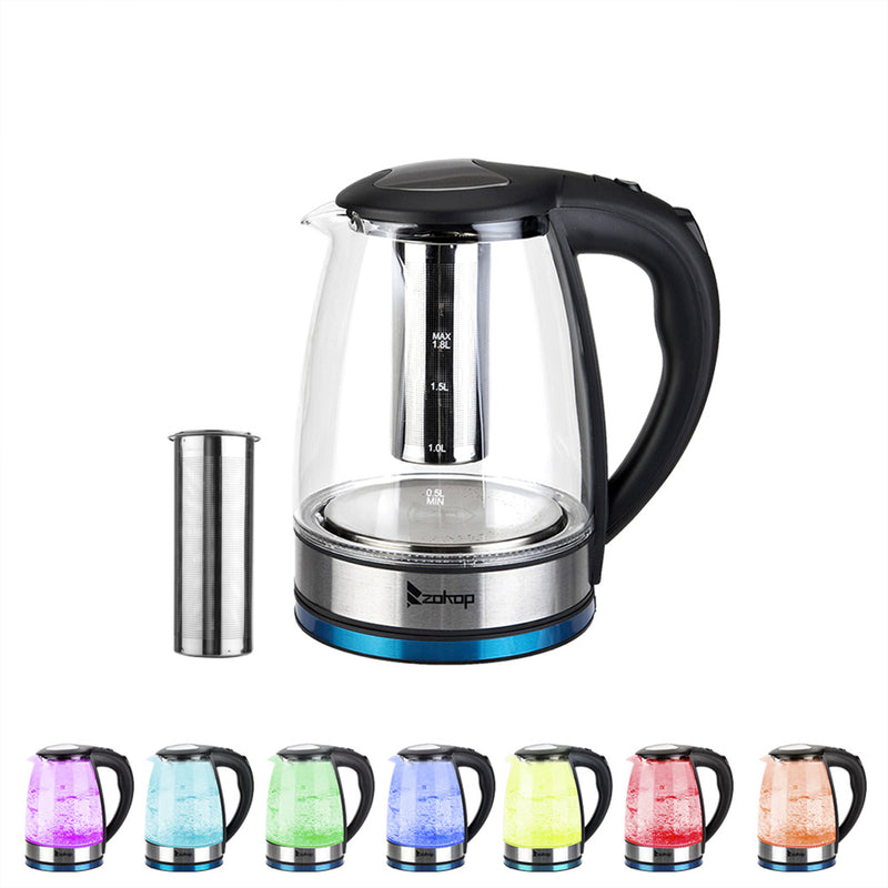 ZOKOP 1.8L Electric Glass Kettle with Filter Black