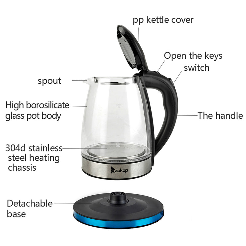 ZOKOP 1.8L Electric Glass Kettle with Filter Black