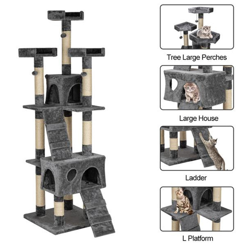 BEESCLOVER 66 Inch Sisal Cat Climbing Frame Cat Tree Tower Cat Pet Toy GREY