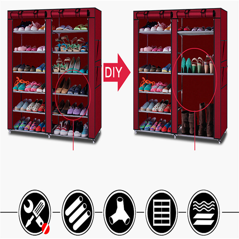 RONSHIN Shoe Cabinet 6-layer Double-row 12-compartment Shoe Organizer Container Wine Red