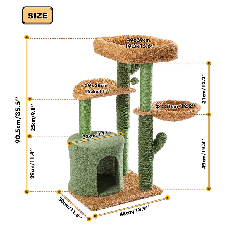 BEESCLOVER Cactus Cat Tree with Cozy Condos Sisal Scratching Post Cat Tower