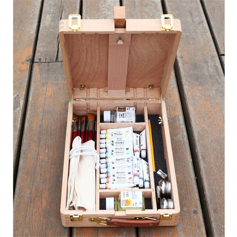 RONSHIN Portable Beech Sketch Box with Easel Impact-Resistant 4 Compartments Storage Box