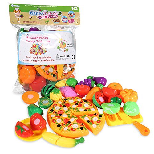 Play Food, 24Pcs Cutting Food - Pretend Food Set, Kitchen Toy Food Fun Cutting Fruits and Veggies with Pizza Playset for Kids