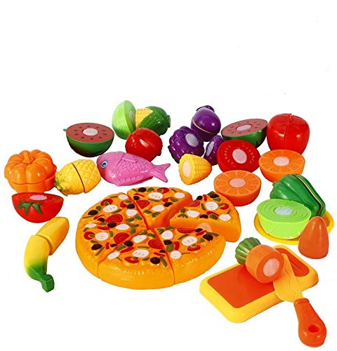 Funslane 24 pcs Pretend Food Playset, Plastic Kitchen Cutting Fruits and Vegetables Set with Pizza Play Food Set for Educational Early Age Puzzle Development Learning Toy