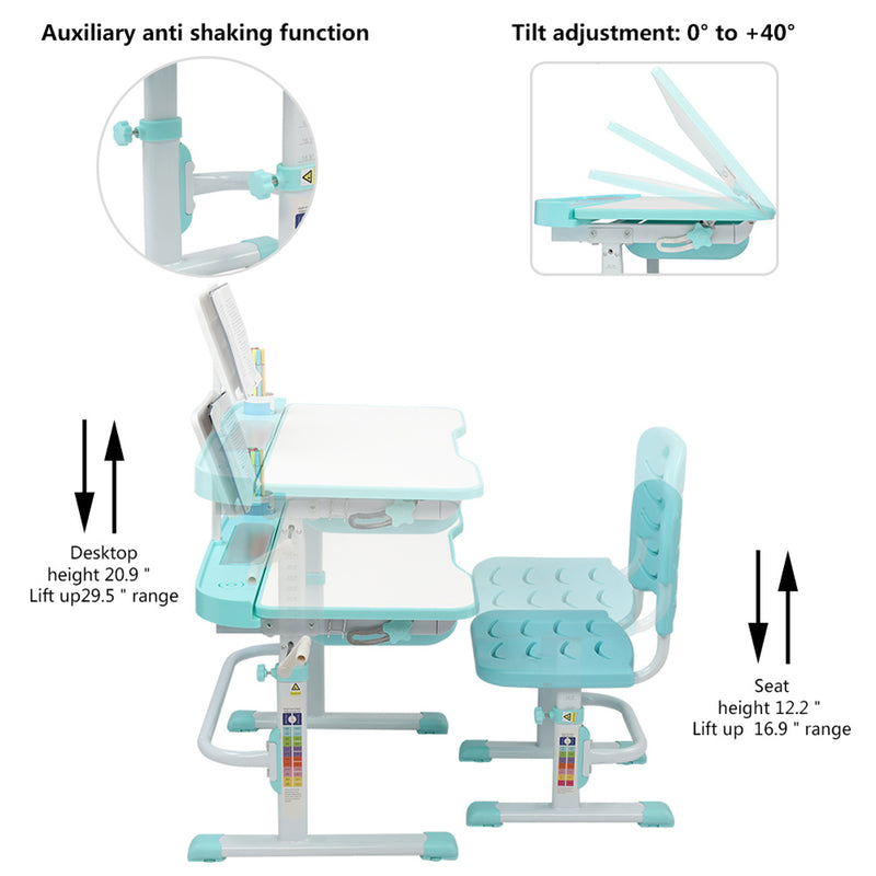 AMYOVE Kids Desk Chair Set 80cm Hand-operated Lifting Table Top Blue Green