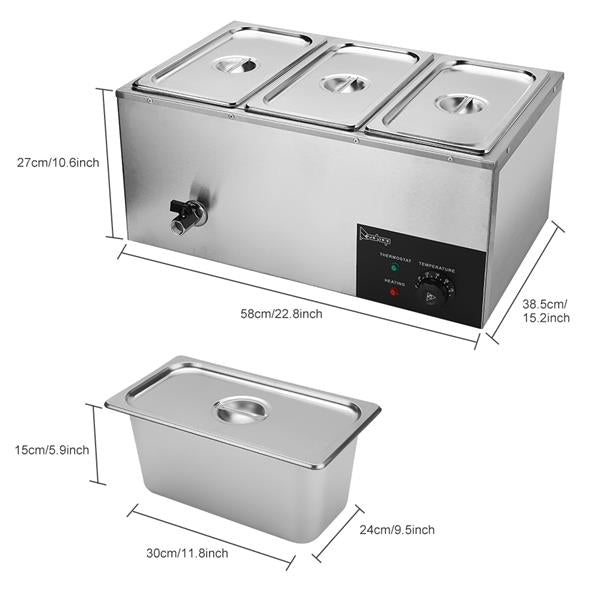 ZOKOP 6.9QT/6.5L 3 Cells Bain Marie Food Warmer XTC1P-1/3 110V 600W Silver