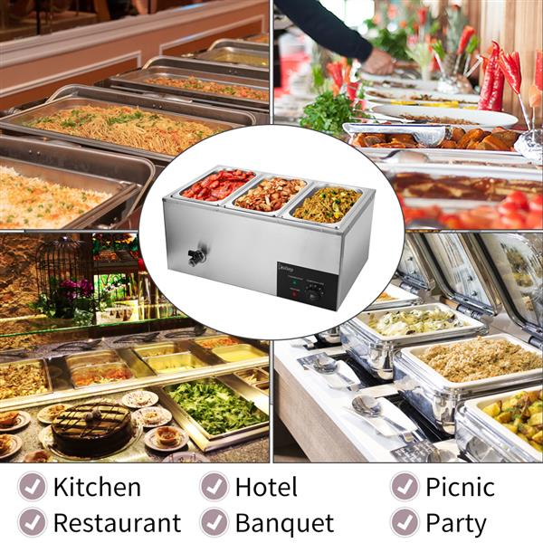 ZOKOP 6.9QT/6.5L 3 Cells Bain Marie Food Warmer XTC1P-1/3 110V 600W Silver