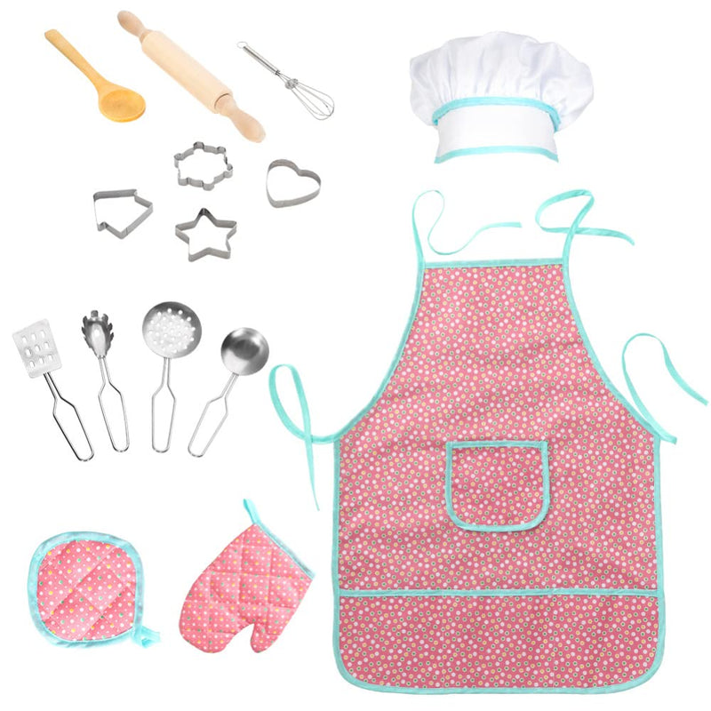 15Pcs Kids Kitchen Cooking Toys with Waterproof Apron Chef Hat and Other Accessories, Child Cooking Utensils Kits for Toddler Kids Dress Up Pretend Role Play Accessories, for Toddlers Aged 3+