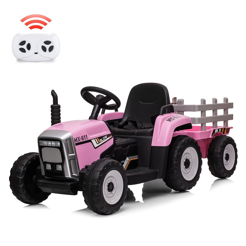 12V Kids Battery Powered Electric Tractor with Trailer, Toddler Ride On Car w/ Remote Control, 7-LED Headlights, 2+1 Gear Shift, MP3 Player USB Port for Kids 3-6 Years (Rose, 25W/ Tread Tire)