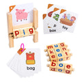 Wooden Reading Blocks, Rotating Letter Puzzle, Spelling Games with Flash Cards, Vowel Alphabet Learning Toys for Toddlers, Montessori Toys for Preschool Boys Girls
