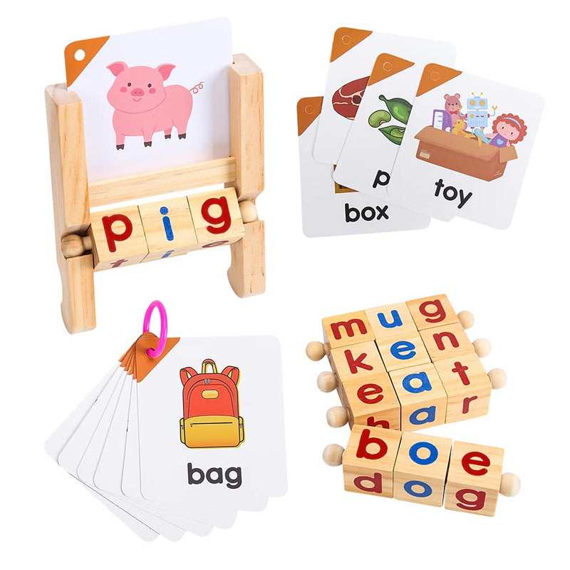 Wooden Reading Blocks, Rotating Letter Puzzle, Spelling Games with Flash Cards, Vowel Alphabet Learning Toys for Toddlers, Montessori Toys for Preschool Boys Girls
