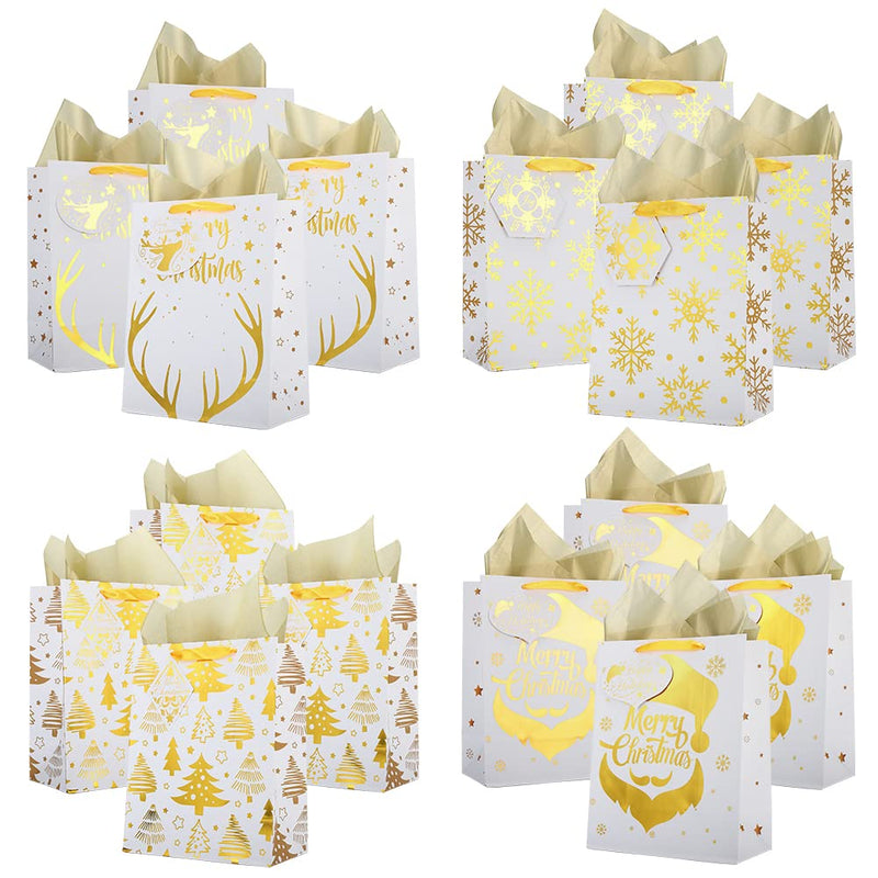 16 Pack Christmas Foil Gold Gift Bags, Xmas Paper Gift Bags with Tissue Paper, Tags & Handles for Gift Giving, Party Favors