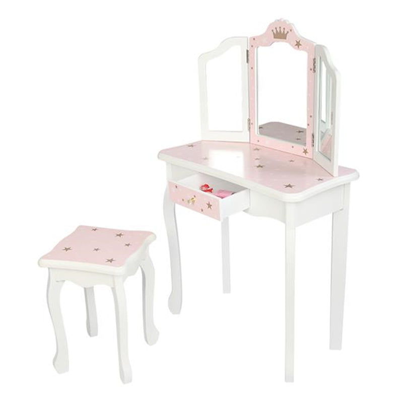 AMYOVE Children Dressing Table Set with Three-sided Folding Mirror Single Drawer Chair Pink