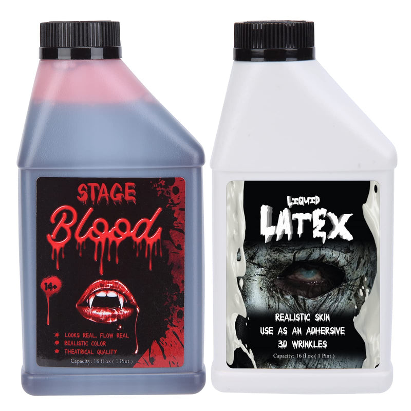 Halloween Liquid Latex Vampire Blood Bottle 16 oz Fake Blood and Liquid Latex Combo Kit for Halloween Makeup & Dress Up