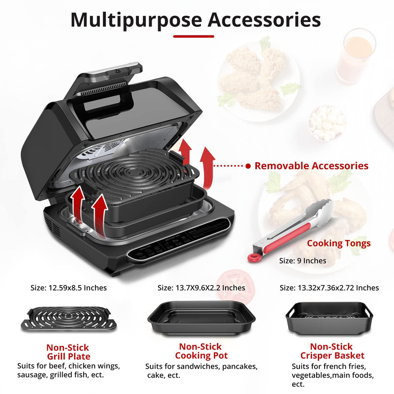 7 In 1 Smokeless Electric Indoor Grill with Air Fry, Roast, Bake, Portable  2 in 1 Indoor Tabletop Grill & Griddle with Preset Function, Removable  Non-Stick Plate, Air Fryer Basket, 6-Serving 