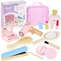 Wooden Makeup Kit Toy, Toddler Pretend Beauty Salon Set, 12PCS Makeup Playset with Hair Dryer, Mirror, Perfume and Storage Bag