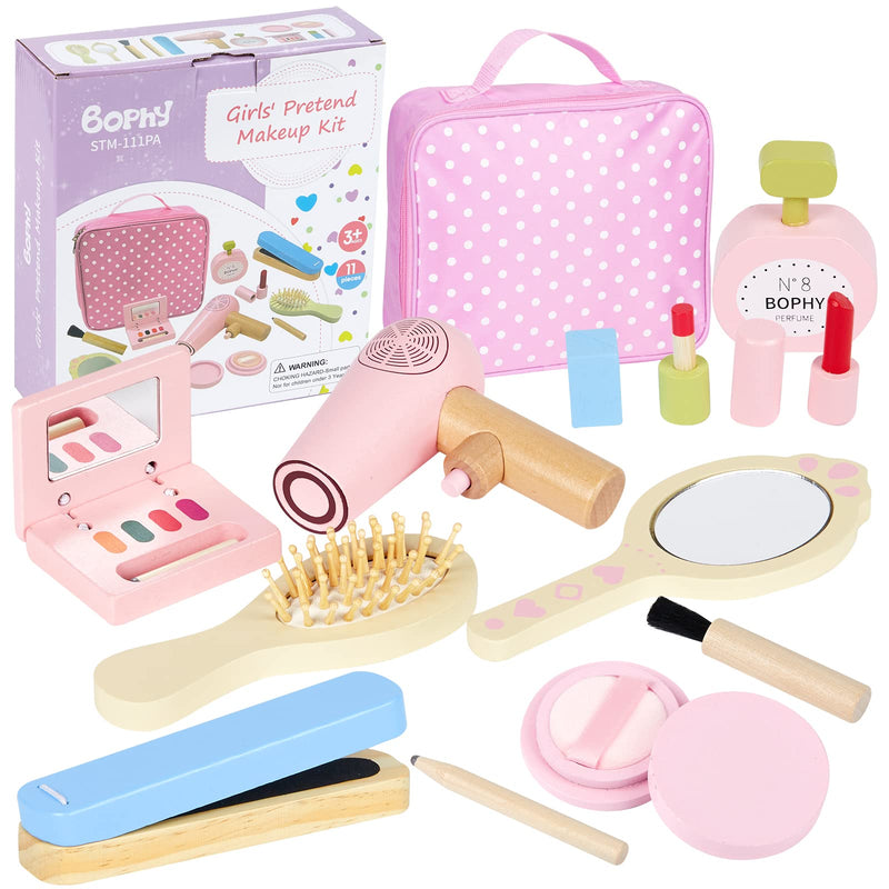 Wooden Makeup Kit Toy, Toddler Pretend Beauty Salon Set, 12PCS Makeup Playset with Hair Dryer, Mirror, Perfume and Storage Bag