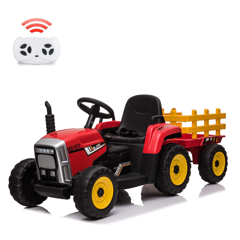 12V Kids Battery Powered Electric Tractor with Trailer, Toddler Ride On Car w/ Remote Control, 7-LED Headlights, 2+1 Gear Shift, MP3 Player USB Port for Kids 3-6 Years (Rose, 25W/ Tread Tire)