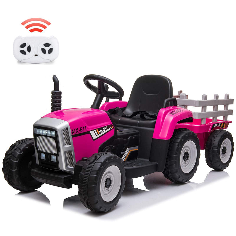 12V Kids Battery Powered Electric Tractor with Trailer, Toddler Ride On Car w/ Remote Control, 7-LED Headlights, 2+1 Gear Shift, MP3 Player USB Port for Kids 3-6 Years (Rose, 25W/ Tread Tire)