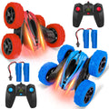 2 Pack Remote Control Car RC Stunt Car for Kids, 2.4 GHz 4WD Double Sided 360¡ãRotating RC Trucks with Headlights, Fast RC Cars for Boys Age 8-12 Birthday Gift , Blue+Red (4 Batteries)