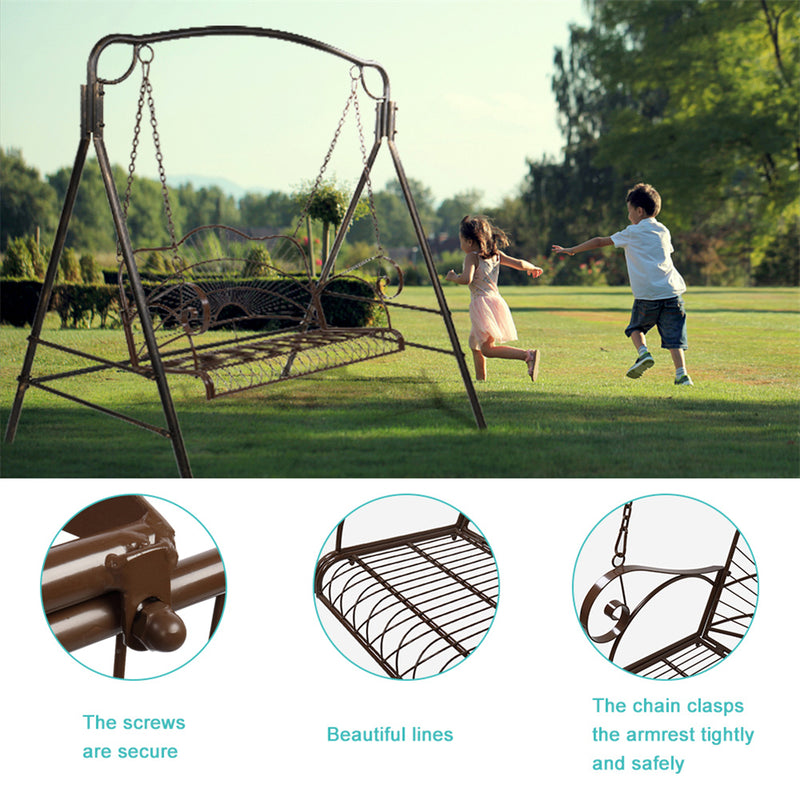 AMYOVE Outdoor Garden Iron Wire Double Swing Chair Hanging Swing - Dark Brown