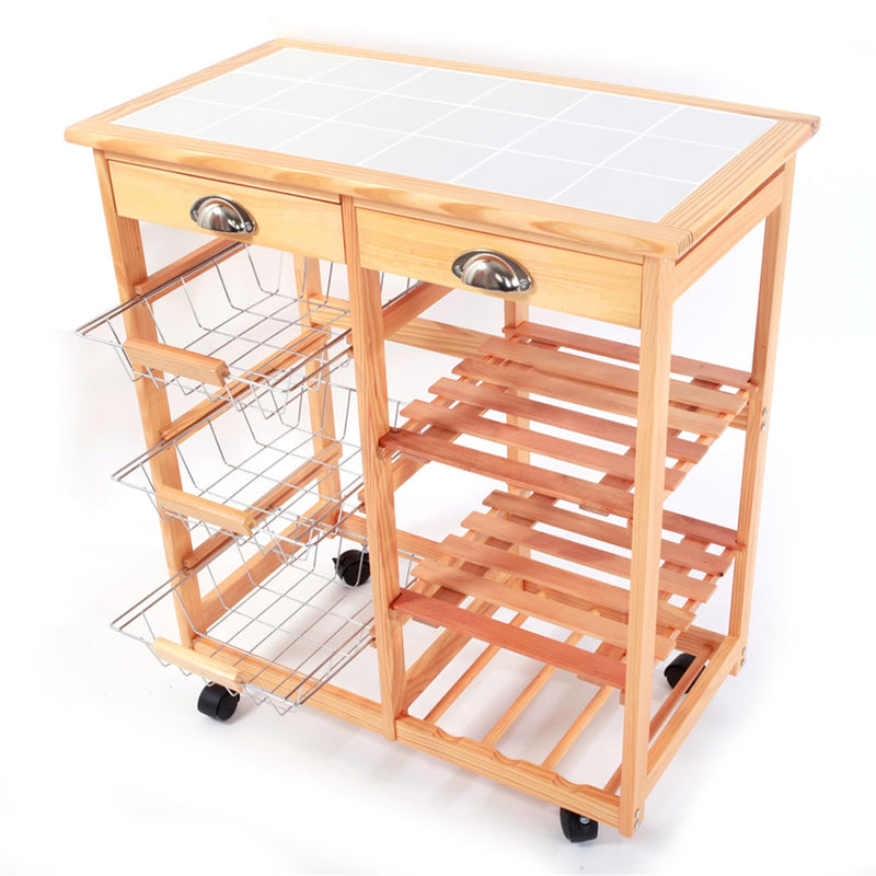 AMYOVE Wooden Dining Cart with 2-Drawer Removable Storage Rack Shelf