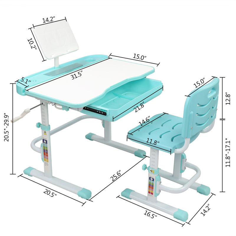 AMYOVE Kids Desk Chair Set 80cm Hand-operated Lifting Table Top Blue Green