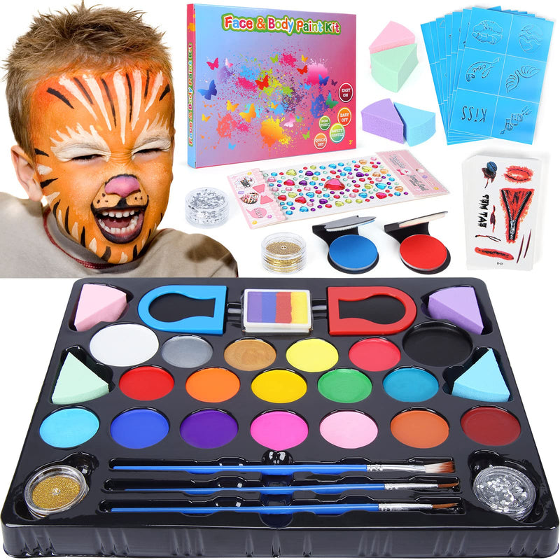 Face Body Paint Kit for Kids, 18 Colors Face Painting Kits, Halloween Christmas Professional Makeup Kit with Tattoo Stickers, Template, Hair Clip, Brush, Cotton Pad for Party, Cosplay, Performances